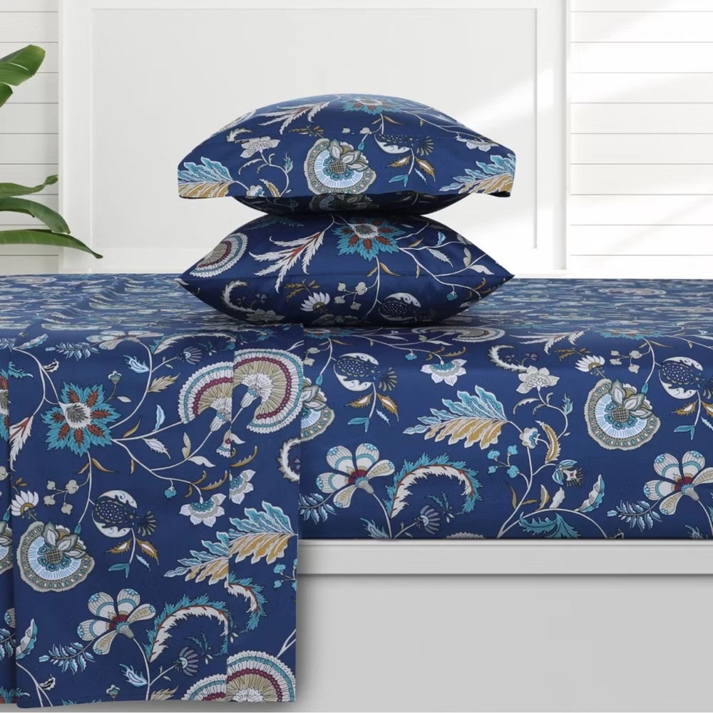 Azores Floral Blue Bedding queen size Set 100% organic cotton 300 thread count .